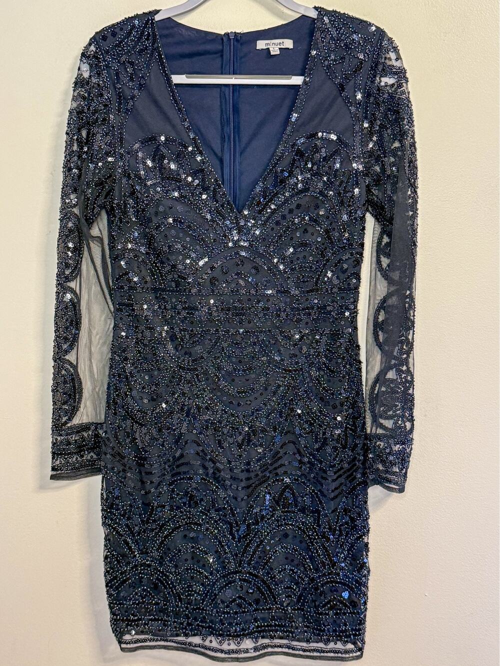 Minuet Navy Sequin Beaded Cocktail Dress Sz L